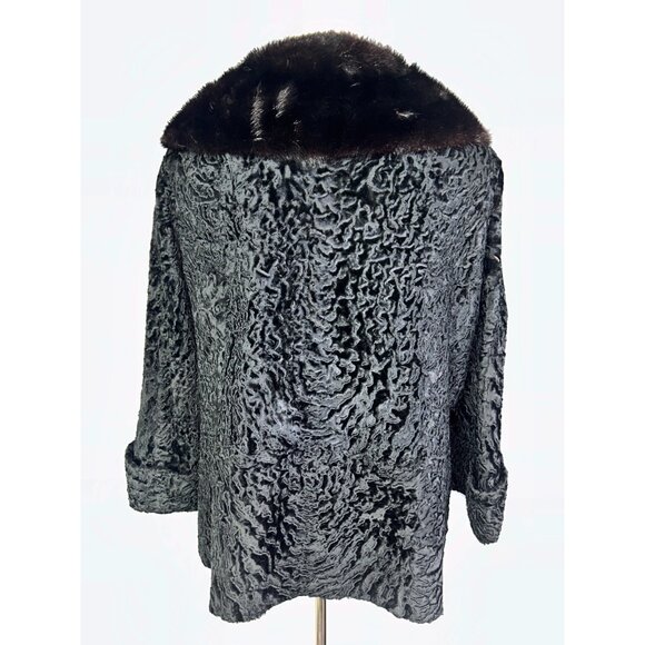 Vintage 60s Black Karakul Lamb Swing Coat Size Mink Collar Mod Glam Luxurious - Picture 4 of 14